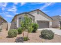 Well-maintained home with desert landscaping, including a young tree and flowering bushes at 38150 W San Sisto Ave, Maricopa, AZ 85138