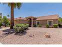 Tan single-story home featuring a tile roof, neutral desert landscaping, and mature palm tree in the front yard at 950 N Sailors Way, Gilbert, AZ 85234