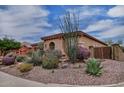 Charming single-story home boasts a well-manicured desert landscape with various cacti and succulents at 3522 W Rushmore Dr, Anthem, AZ 85086
