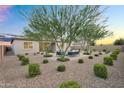 Expansive backyard with desert landscaping, a stone patio with furniture, and mature trees at 21934 E Lords Ct, Queen Creek, AZ 85142