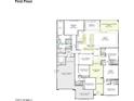 Detailed floor plan showcasing open-concept living with primary suite, flex dining, three-bay garage, and covered outdoor living at 10024 S 38Th Ln, Laveen, AZ 85339