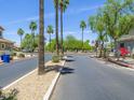 Neighborhood street view featuring a landscaped median with mature shade trees and community signage at 8723 E Kiowa Ave, Mesa, AZ 85209