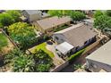 Aerial view of a well-maintained backyard, featuring a covered patio, green grass, and mature trees at 2551 W Sawtooth Way, San Tan Valley, AZ 85144
