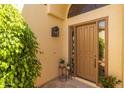 Close-up view of the home's front door with adjacent plants and a decorative lantern at 10429 N 101St St, Scottsdale, AZ 85258