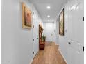 Bright hallway with wood-look tile floors, multiple storage closets and coat rack at 3634 E Perkinsville St, Gilbert, AZ 85295