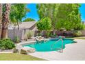 Lush backyard with freeform pool surrounded by mature trees and grass at 1470 W Bartlett Way, Chandler, AZ 85248