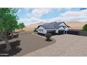 New home with a dark gray roof, white siding, three car garage, desert landscaping and a circular driveway at 35809 N Evermore Madison St, San Tan Valley, AZ 85140