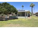 Spacious backyard featuring a covered patio and well-maintained lawn with mature trees at 10721 W Mission Ln, Sun City, AZ 85351
