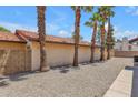 Side yard of a home with desert landscaping and privacy wall, featuring palm trees at 9601 S 44Th St, Phoenix, AZ 85044