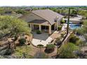 Aerial view of home showcasing a serene backyard with a pool, mature landscaping, and privacy fence at 34611 N Sunset Trl, Cave Creek, AZ 85331