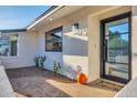 Charming front entrance with a modern glass door, decorative plants, and a welcoming pumpkin accent at 4910 E Shaw Butte Dr, Scottsdale, AZ 85254