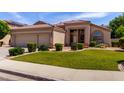 Inviting home with lush green lawn, complemented by mature landscaping and a three-car garage at 7231 W Lone Cactus Dr, Glendale, AZ 85308