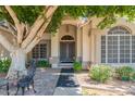 Arched front entry door with covered entryway, surrounded by mature landscaping at 1802 W Encinas St, Gilbert, AZ 85233