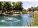 Scenic view of a pond with fountains, lush greenery, and mature trees in a well-maintained community at 2628 S Voyager Dr # 104, Gilbert, AZ 85295