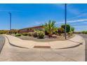 Beautiful landscaping at street corner with mature palm trees, flowering shrubs, and decorative rock at 5085 S Ponderosa Dr, Gilbert, AZ 85298