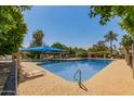 Community pool offers an area to relax with lounge chairs and blue canopy at 1385 N 44Th St, Phoenix, AZ 85008