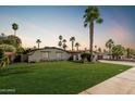 Charming single-story home featuring a well-manicured lawn, palm trees, and desert landscaping at 5333 E Sheena Dr, Scottsdale, AZ 85254