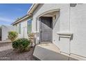 Inviting entryway with an arched porch, secure screen door, and manicured landscaping at 1396 E Leslie Ave, San Tan Valley, AZ 85140