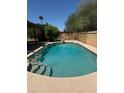 Private backyard oasis with a sparkling pool surrounded by lush landscaping and a brick wall at 10580 E San Salvador Dr, Scottsdale, AZ 85258