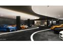 Spacious garage with sleek black ceiling, recessed lighting, and multiple luxury sports cars at 10772 E Canyon Cross Way, Scottsdale, AZ 85255