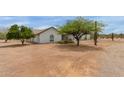 Well-kept white brick home in desert landscape, showcasing mature trees and natural vegetation at 10849 E Elmwood St St, Mesa, AZ 85207