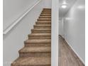 Carpeted staircase with handrail leading to the upper level of the home with wood look vinyl flooring on landing at 827 E Pecan Rd, Phoenix, AZ 85040