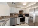 The kitchen has stainless steel appliances, white cabinets, and tile backsplash at 1645 W Baseline Rd # 2098, Mesa, AZ 85202