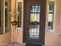 Close-up of the front door with decorative ironwork and sidelights, enhancing curb appeal at 42023 N Bridlewood Way, Anthem, AZ 85086