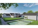 Expansive backyard featuring a pool, tennis court, lush landscaping, and a modern home design at 13402 N 79Th St, Scottsdale, AZ 85260