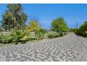 A long driveway with a decorative herringbone pattern, flanked by manicured shrubs and mature trees at 316 E Bethany Home Rd, Phoenix, AZ 85012