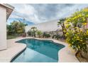 Private backyard pool offers a refreshing escape, complemented by mature trees and blooming yellow shrubs at 2709 E Vista Dr, Phoenix, AZ 85032