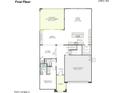 First floor layout with open living and dining area, kitchen, office, bedroom, powder room, and 2-bay garage at 1492 E Prescott St, Gilbert, AZ 85298