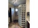 Bathroom showcasing a unique glass block shower wall and neutral tile flooring at 14617 S 35Th Pl, Phoenix, AZ 85044