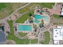 Aerial view of a resort-style community pool, complete with palm trees and lounge chairs at 3640 E Torrey Pines Ln, Chandler, AZ 85249