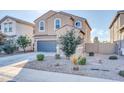Beautiful home featuring well-maintained landscaping with decorative rock, shrubs, and mature trees at 36085 W Prado St, Maricopa, AZ 85138