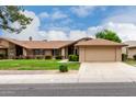 Charming home exterior boasting green lawn, mature landscaping, and attached two-car garage at 13015 W Blue Sky Dr, Sun City West, AZ 85375