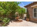 Private backyard features a decorative fountain, lush greenery, and a peaceful outdoor retreat at 3441 S Halsted Pl, Chandler, AZ 85286