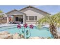 Beautiful backyard pool with a covered patio and lush landscaping perfect for relaxing at 43319 W Oakland Ct, Maricopa, AZ 85138