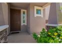 Home entryway with a dark wood door and neutral stucco exterior, flanked with flowering plants at 12041 W Fillmore St, Avondale, AZ 85323