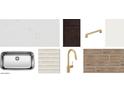 Material board featuring neutral quartz countertop, stainless steel sink, gold faucet, and wood plank flooring at 15744 W Camden Ave, Waddell, AZ 85355