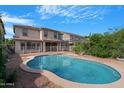 Backyard view with a private pool, patio area, and mature landscaping at 44348 W Windrose Dr, Maricopa, AZ 85138