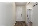 Inviting entryway featuring a pristine white front door, neutral walls, and stylish wood-look flooring at 17296 W Molly Ln, Surprise, AZ 85387