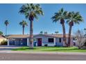 Charming single-story home featuring mature palm trees, a well-manicured lawn, and a covered carport at 2923 N 81St Pl, Scottsdale, AZ 85251
