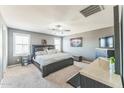 Comfortable bedroom with a gray bed, carpeted floors, and bright windows at 45173 W Sandhill Rd, Maricopa, AZ 85139