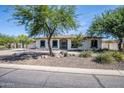 Single-story home featuring desert landscaping with green plants and trees on a clear, sunny day at 6334 E Albany St, Mesa, AZ 85205