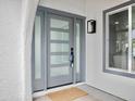 Close-up of the modern gray front door with glass panels and stylish hardware at 6401 E Eugie Ter, Scottsdale, AZ 85254