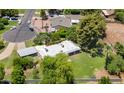 Aerial view shows the home, lush landscaping, large yard, refreshing pool, and covered parking at 1298 E Buffalo St, Chandler, AZ 85225