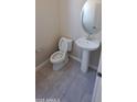 Neat powder room featuring a modern pedestal sink, round mirror, and tiled floor at 15593 S 180Th Ln, Goodyear, AZ 85338