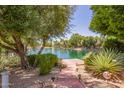 A backyard featuring desert landscaping and a brick path leading to lake access at 941 N Benson Ln, Chandler, AZ 85224
