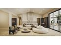Stylish living room with a comfortable white sofa, modern lighting, and access to outdoor dining at 7445 E Vista Dr, Scottsdale, AZ 85250